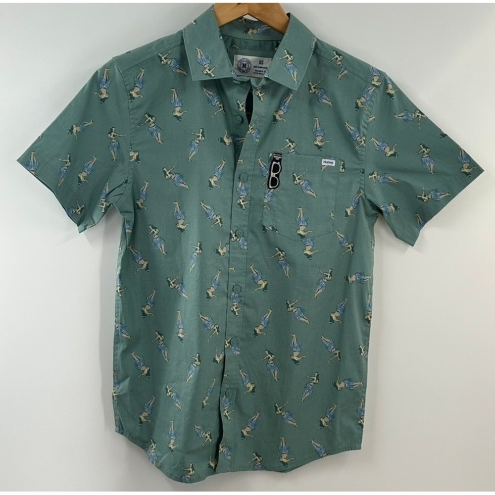 Hurley Mens XS Hula Girl Print Stretch Fit Short Sleeve Button Down Shirt Green